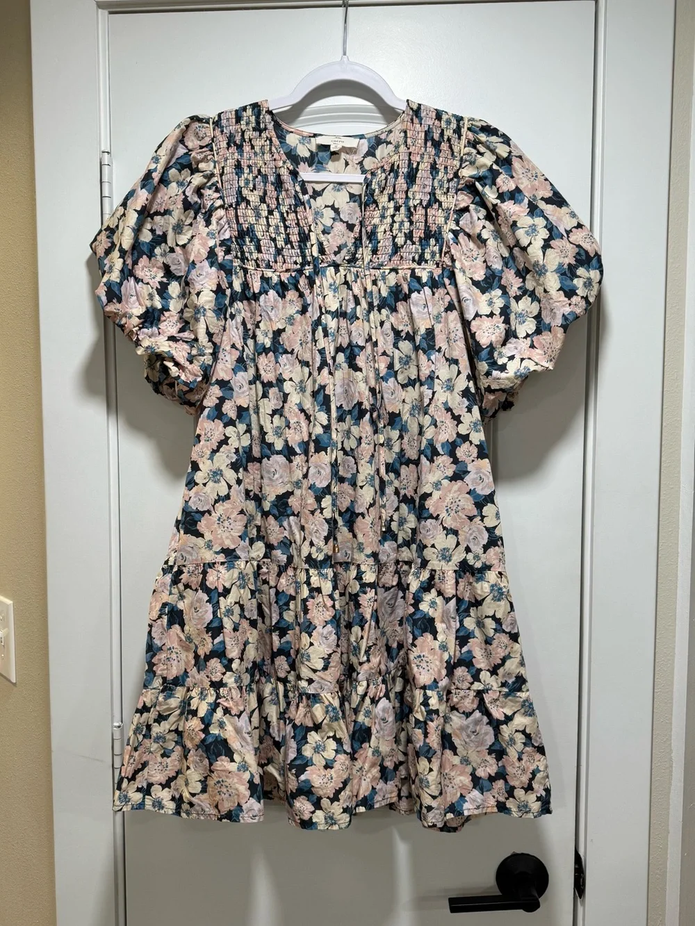 Entro Navy Floral Puff-Sleeve Smocked Tiered Dress with Pink and Cream Blooms - Picture 1 of 3